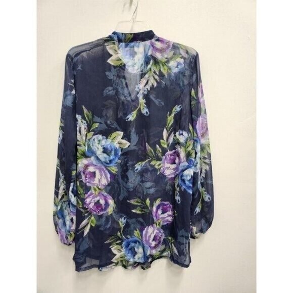 Susan Graver Womens BOHO Blouse Top Medium NavyFloral Sheer Chiffon Long Sleeve - Picture 9 of 11